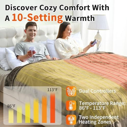 Electric Blanket Queen Size, Dual Control Heated Blankets (84"x90") 10 Heat Settings & 0.5-12H,Adjustable Timer, Cozy Velvet Reversible, Overheat Protection,ETL Certified, Machine Washable
