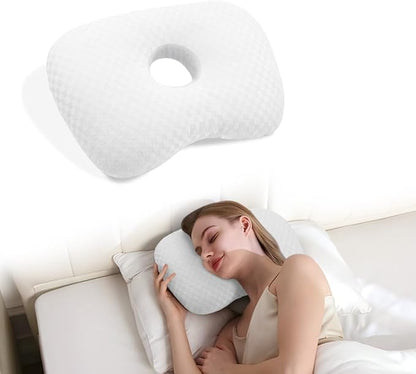Ear Piercing Hole Pillows Side Sleeper Pillow with an Ear Hole for CNH Side Sleepers and Ear Inflammation Pressure Sores, Adjustable Cotton and Polyester Curved Side Pillow, White
