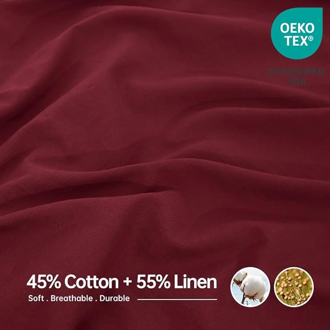 Simple&Opulence Belgian Linen Sheet Set Solid Color - 3 Pieces (1 Flat Sheet, 1 Fitted Sheet & 1 Pillowcase) Natural Flax Cotton Blend Soft Breathable Farmhouse Bedding - Twin Size, Burgundy Red