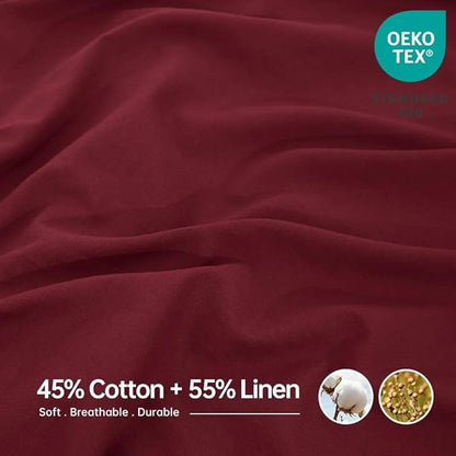 Simple&Opulence Belgian Linen Sheet Set Solid Color - 3 Pieces (1 Flat Sheet, 1 Fitted Sheet & 1 Pillowcase) Natural Flax Cotton Blend Soft Breathable Farmhouse Bedding - Twin Size, Burgundy Red