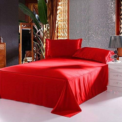 100% Pure Silk Satin Sheet Set, Deep Pocket Mattress Fitted Sheet, Flat Sheet & Pillowcases - Cool, Soft, Wrinkle Free, Fade Resistant - Twin XL, Blood Red