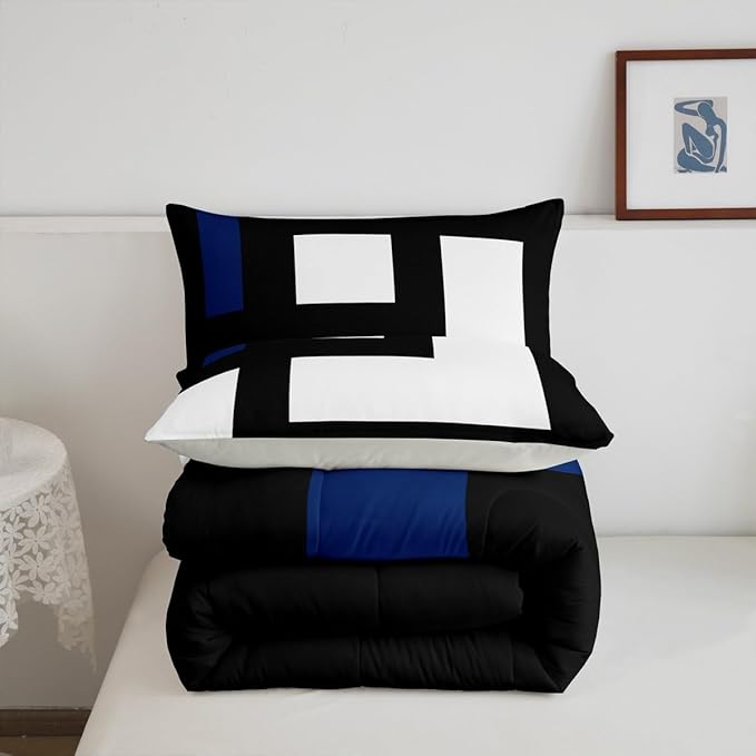 Erosebridal Blue Black and White Striped Queen Comforter Set for Adult Women Men Square Abstract Bedding Set Modern Geometric Stripes Bold Lines Bed Set Minimalist Stylish Plaids Quilt Set