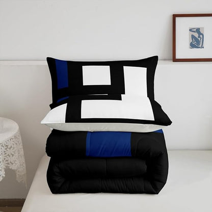 Erosebridal Blue Black and White Striped Bedding Set Full Size Square Abstract Comforter Set for Adult Women Men Modern Geometric Stripes Bold Lines Bed Sets Minimalist Plaids Quilt Sets