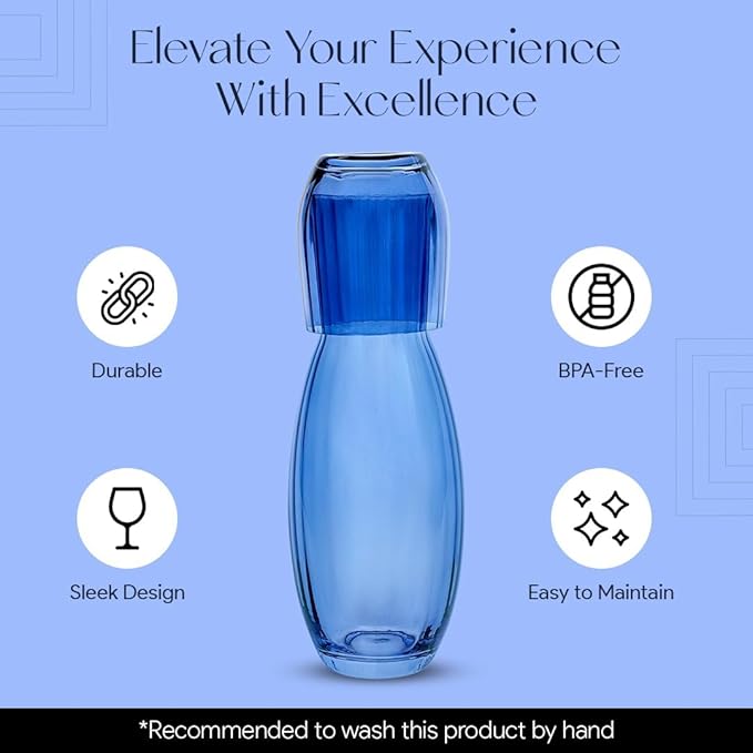 American Atelier 40 oz Bedside Water Carafe with Tumbler – 2-Piece Ribbed Glass Night Pitcher with Cup Lid for Nightstand, Guest Room & Office, Stylish & Durable Drinkware (Cobalt Blue)