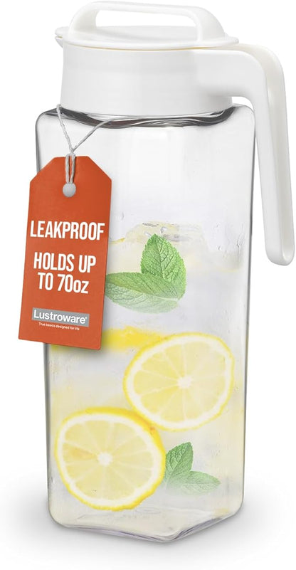 Lustroware TwistServe Airtight Pitcher - 2.1L (70oz), Heat Resistant, BPA-Free SAN Plastic, Screw-On Lid, Space-Saving, Made in Japan - White