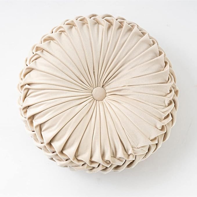 NatureMan 13.7 inch Round Sofa Cushion Pure Color Velvet Home Decor, Pleated Round Cushion, Pumpkin Pillow Suitable for Home Bed car Decoration (Creamy-White)