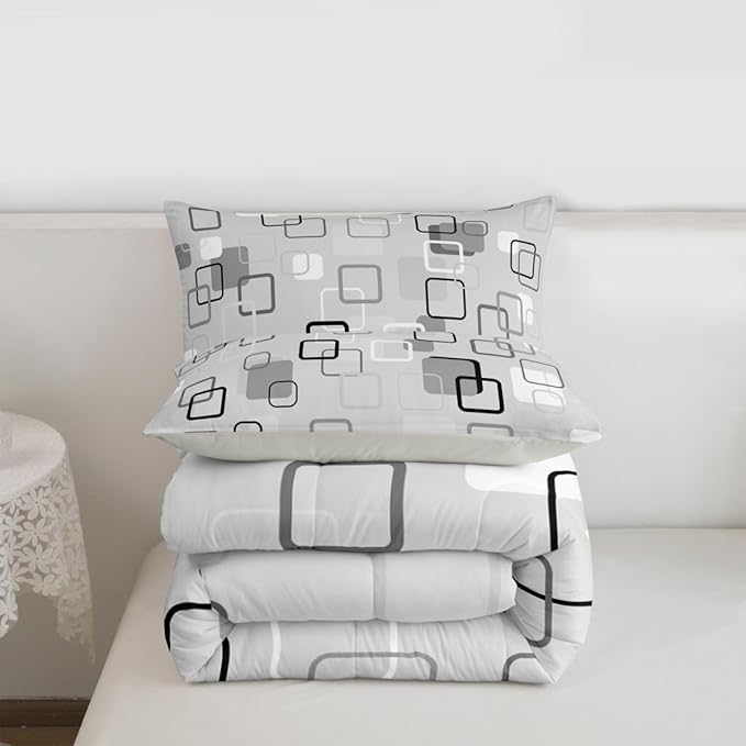 Erosebridal Gray Abstract Squares Bedding Set King Modern Aesthetic Geometric Comforter Set for Kids Girls Boys Minimalist Striped Down Comforter Boho Neutral Plaid Quilt Duvet
