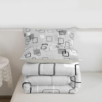Erosebridal Gray Abstract Squares Bedding Set King Modern Aesthetic Geometric Comforter Set for Kids Girls Boys Minimalist Striped Down Comforter Boho Neutral Plaid Quilt Duvet