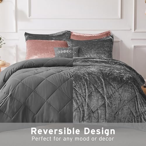 Intelligent Design King Comforter Set, Velvet Comforter Set , Luxury Diamond Quilting Comforter Set, Fluffy Comforter Bed Set with Decorative Pillowand 2 Shams, 4 Piece Grey, King/ Cal King