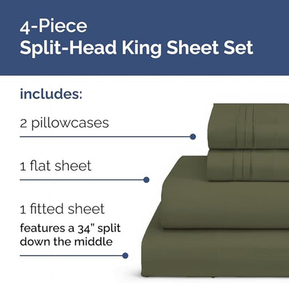 Split Head King Sheet Set – 4 Piece Flex Split Top King Sheets for Adjustable Beds - Fits 14” to 16" Mattress w/ Deep Pockets - Soft, Breathable & Cooling - Luxury Bedding & Wrinkle Free - Sage Green