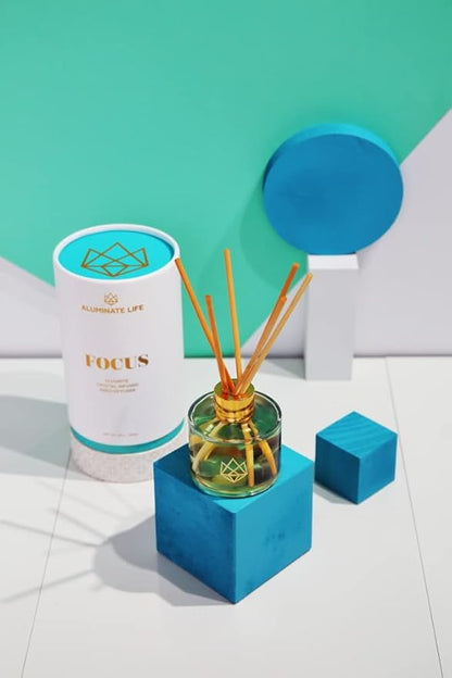 Crystal Infused Reed Diffuser, 4 OZ, Focus - Fluorite Crystal Infused - Scents of Orange, Ginger, Ylang-ylang, & Lavender - Home Decor, House Warming, Stick Perfume, Coffee Table