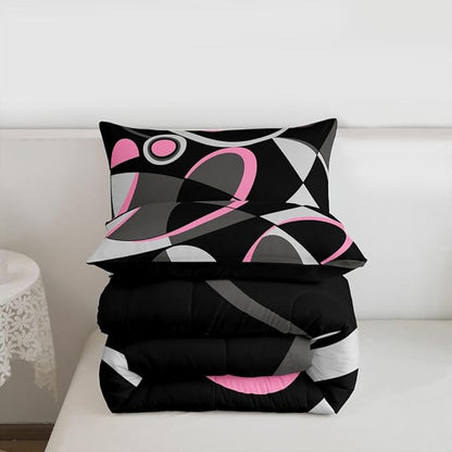 Feelyou Pink Grey Black Comforter Retro Circle Geometrics Comforter Set Modern Abstract Art Bedding Set for Kids Boys Girls Geometrics Swirl Duvet Set Luxury Room Decor Quilt Twin Size Boys