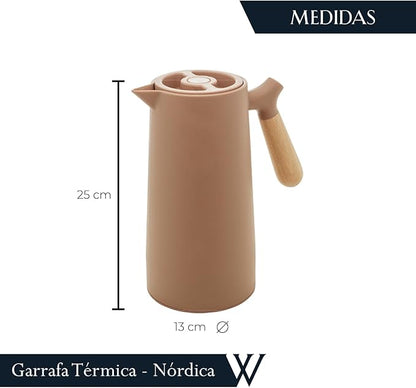 WOLFF - Thermal Coffee Carafe – 34oz/1L Insulated Food-Safe Plastic Exterior and Glass Liner, Wood-Style Handle – Keeps Drinks Hot or Cold for Hours, Coffee and Tea Dispenser - Nude Pink, 34floz/1L