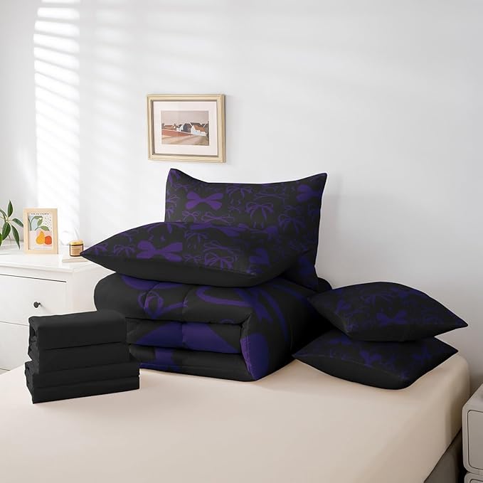 Feelyou Cute Bowknot Bedding Set for All Season Boys Girls Twin Size Bow 7 Pieces Comforter Sets for Kids Women Men Purple Girls Bow Bed in a Bag with Comforter, Sheets, Pillowcases & Cushion Cover