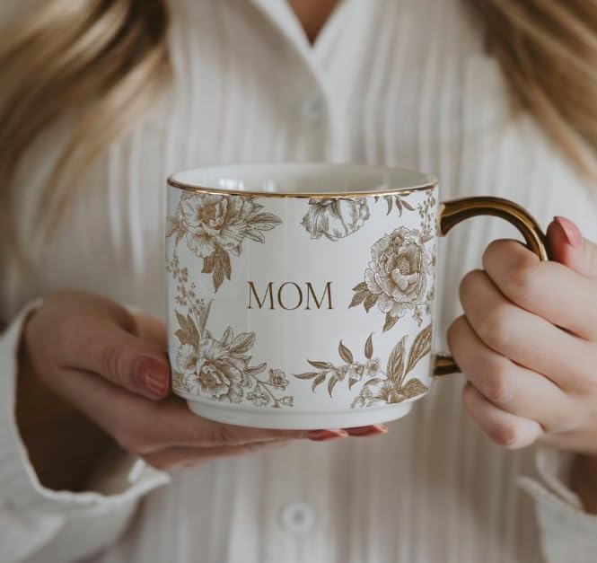 Sweet Water Decor Delft Mom Mug, 14oz Fine Bone China Tea Cup for Hot & Cold Drinks, Cute Mother's Day Gift Coffee Mug with Gold Handle & Rim, Gift for Mom's Birthday & Christmas