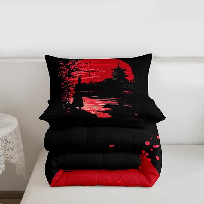 Erosebridal Samurai Comforter Set, Sunset Bedding Set, Japanese Samurai Warm Soft Down Comforter, Scenery Silhouette Bedroom Decor 3Pcs Duvet Set for Men Boys Teens, Full Size