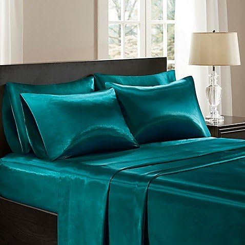 100% Pure Silk Satin Sheet Set 4pcs, Fitted Sheet 15" Deep Pocket Mattress fit, Flat Sheet & Pillowcases Set Soft Silk Sheets|Wrinkle Free Fade Resistant.Teal, Full