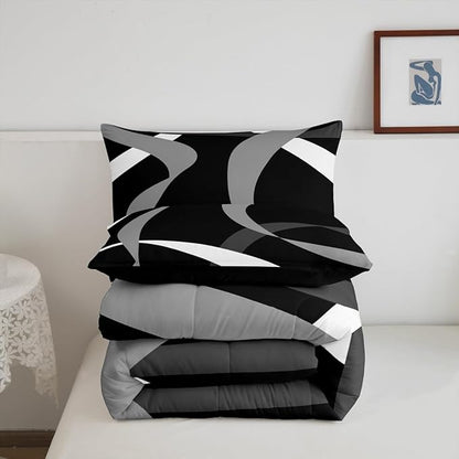 Erosebridal Black White Grey Bedding Comforter Sets Dark Gray Striped Abstract Bedding Set Queen for Boys Teen Men Geometric Stripes Down Comforter Modern Fashion Quilt Duvet