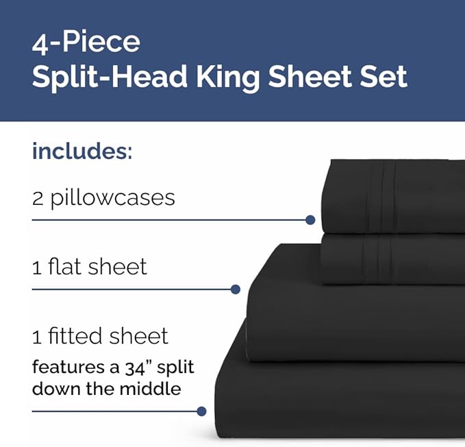 Flex Top Split Head King 4 Piece Sheet Set - Comfy Breathable & Cooling Bed Sheets Set - Hotel Luxury Bedding for Women, Men, Kids, Teens, Boys & Girls - Deep Pockets, Ultra-Soft - Oeko-Tex - Black