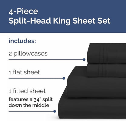 Flex Top Split Head King 4 Piece Sheet Set - Comfy Breathable & Cooling Bed Sheets Set - Hotel Luxury Bedding for Women, Men, Kids, Teens, Boys & Girls - Deep Pockets, Ultra-Soft - Oeko-Tex - Black