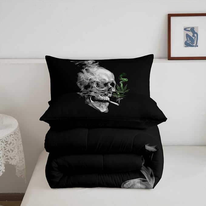 Erosebridal Smoky Skull Comforter Set Toddler,Green Leaves Bedding for Kids Teens Adult,Gothic Skeleton Down Comforter, Plant Tropical Botanical Bedding Comforter Sets,All Season