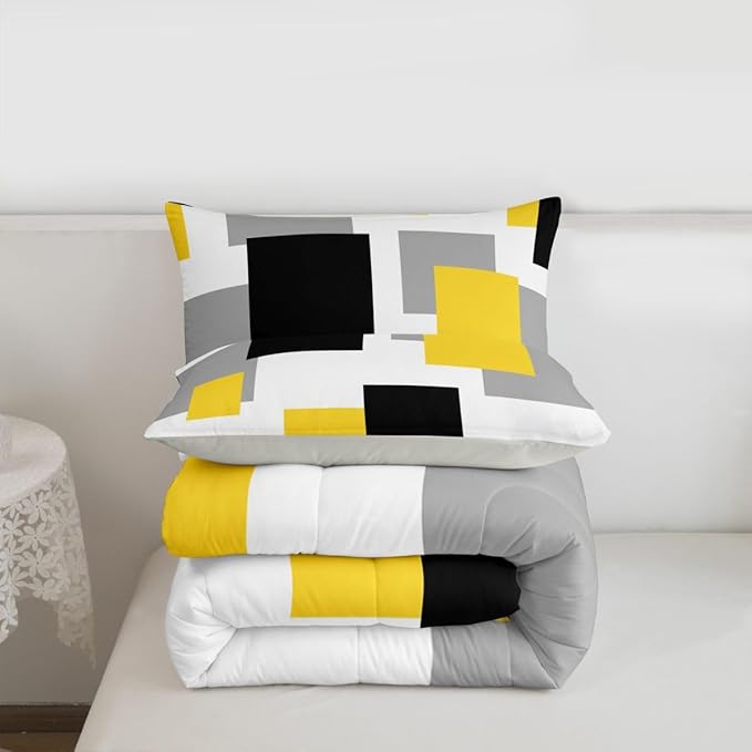 Castle Fairy Yellow Grey White Kids Comforter Set,Geometric Grid Square Splicing Bedding Set All Season,Modern Abstract Comforter 2 Pcs with 1 Pillowcase,Toddler Size