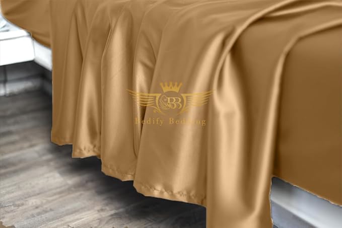100% Pure Silk Satin Sheet Set 4pcs, Silk Fitted Sheet 15" Deep Pocket Mattress fit,Silk Flat Sheet&Silk Pillowcases Set Soft Silk Sheets|Wrinkle Free Fade Resistant.(Dark Ivory,Twin X)