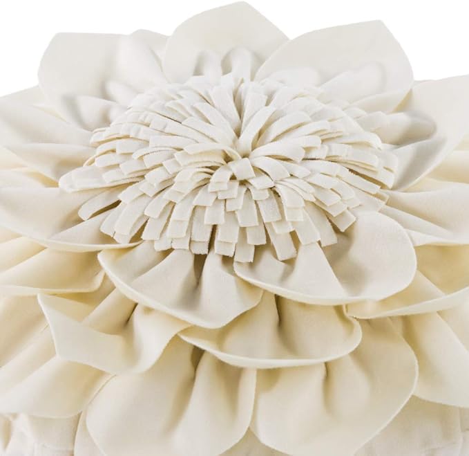 Decorative Throw Pillow 3D Flower Round Pillow Accent Handmade Cushion with Insert Included for Couch Bed Home Decor 12 Inch Cream White
