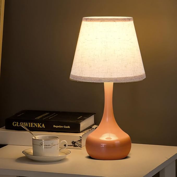 3-Way Dimmable Touch Table Lamps for Nightstand - Small Bedside Lamps with Fabric Shade in Black, Farmhouse Style Desk Lamp for Bedroom, Kids Room, Living Room, Home Office & Reading (Pink)