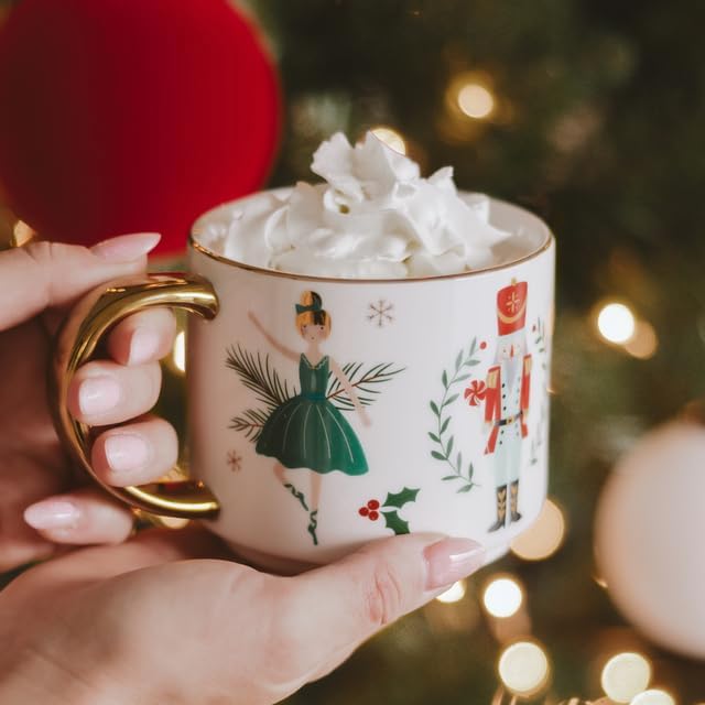Sweet Water Decor Nutcracker Coffee Mug, 14oz China Christmas Mug with Gold Handle, Large Holiday Winter Cup for Coffee, Tea & Hot Chocolate, Stocking Stuffer Gifts for Women