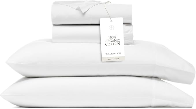 BOLL & BRANCH Signature Hemmed Sheet Set - King, White - Luxury 100% Organic Cotton - Includes 1 Flat, 1 Fitted, 2 Pillowcases - Buttery Soft