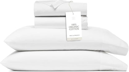 BOLL & BRANCH Signature Hemmed Sheet Set - California King, White - Luxury 100% Organic Cotton - Includes 1 Flat, 1 Fitted, 2 Pillowcases - Buttery Soft