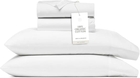 BOLL & BRANCH Signature Hemmed Sheet Set - California King, White - Luxury 100% Organic Cotton - Includes 1 Flat, 1 Fitted, 2 Pillowcases - Buttery Soft