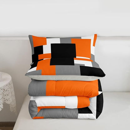 Castle Fairy Modern Abstract Art Comforter Set,Orange Grey Black Bedding Set Kids Teens Modern Decor,Geometric Grid Square Splicing Comforter with 1 Pillowcase for All Seasons,Twin