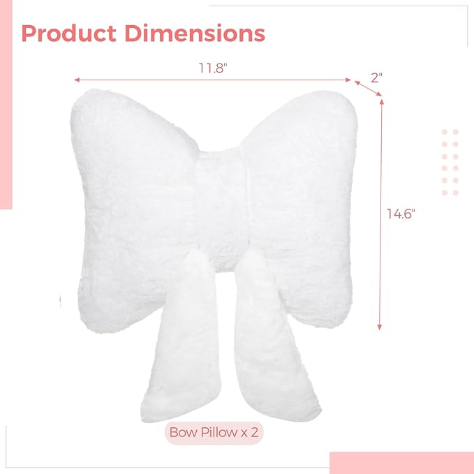 2 PCS Bow Pillow Room Decor, White Bow Pillows, Plush Bow Decor for Bedroom Sofa, Soft Comfortable Accent Pillows, Ideal for Sofa and Office Chair