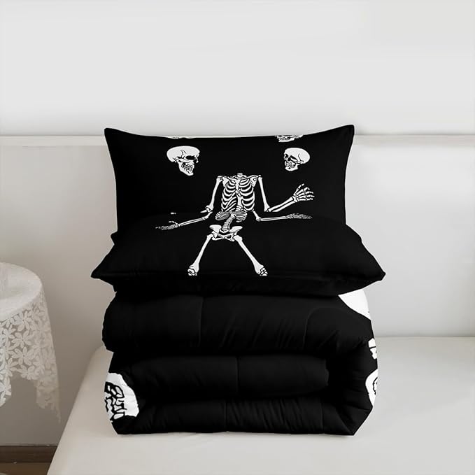 Erosebridal Juggling Skeleton Bedding Set Toddler, Halloween Juggling Skull Comforter Set for Kids Boys Teens Men Horror Halloween Decor, Gothic Skull Comforter, Black Quilt 2 Piece