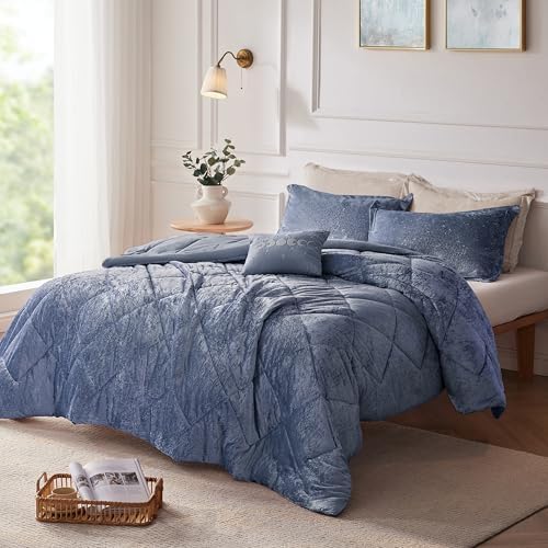 Intelligent Design King Comforter Set, Velvet Comforter Set , Luxury Diamond Quilting Comforter Set, Fluffy Comforter Bed Set with Decorative Pillowand 2 Shams, 4 Piece Blue, King/ Cal King