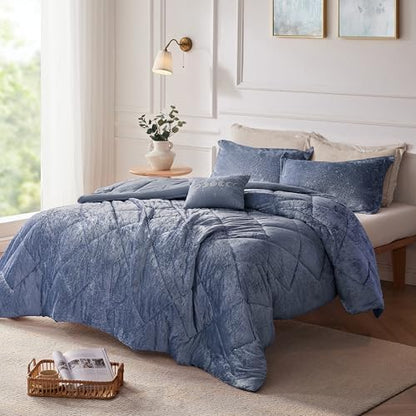 Intelligent Design Queen Comforter Set, Velvet Comforter Set , Luxury Diamond Quilting Comforter Set, Fluffy Comforter Bed Set with Decorative Pillowand 2 Shams, 4 Piece Blue, Full/Queen
