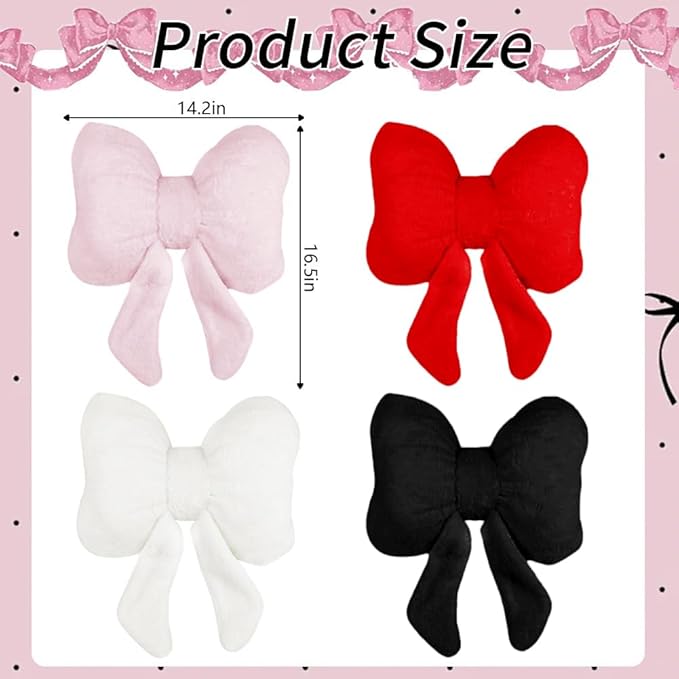 2Pack Soft Furry Bow Throw Pillows Cute Bowknot Plush Pillow Home Decor Stuffed Bow Lumbar Pillow for Bed Couch Living Room Decor (Red)