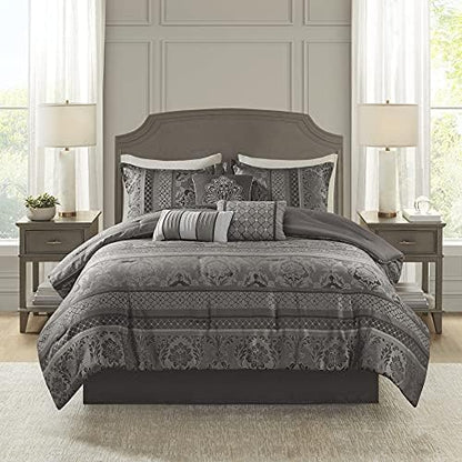 Madison Park Bellagio Cozy Comforter Set - Luxurious Jaquard Traditional Damask Design, All Season Down Alternative Bedding with Matching Shams, Decorative Pillow, King(104"x92") , Grey 7 Piece