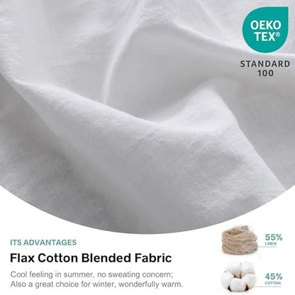 Simple&Opulence Belgian Linen Sheet Set Solid Color - 3 Pieces (1 Flat Sheet, 1 Fitted Sheet & 1 Pillowcase) Natural Flax Cotton Blend Soft Breathable Farmhouse Bedding - Twin Size, White