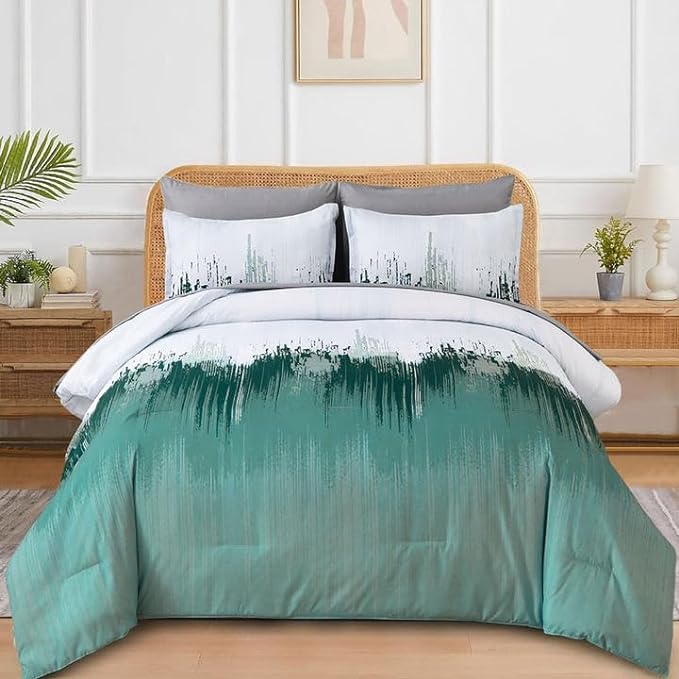 WONGS BEDDING Comforter Set King, Aqua 7 Pieces Bed in a Bag Abstract Art Gradient Comforter Soft Microfiber Bedding Set -1 Comforter, 1 Flat Sheet, 1 Fitted Sheet, 2 Pillow Shams,2 Pillowcases