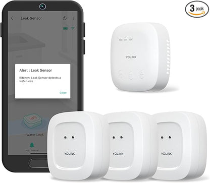 YoLink SpeakerHub & Three Water Leak Sensors Starter Kit – Plays Tones/Sounds, Spoken Messages, LoRa-Powered ¼ Mile Range, App Alert, Emails, SMS/Text, IFTTT