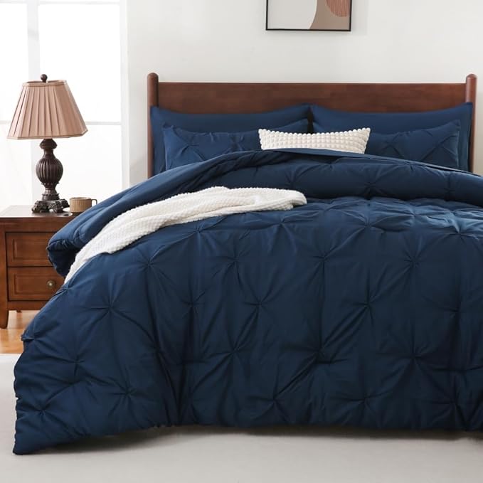Sheet&Joy King Size Comforter Set, 7-Piece Bed in a Bag, Pintuck Bedding Set for All Season, Includes Comforter, Flat Sheet, Fitted Sheet, Pillowcases and Pillowshams, Navy Blue