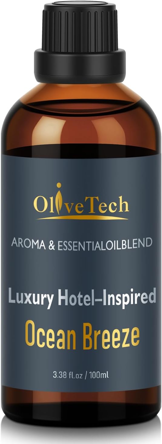 Hotel Diffuser Oil Inspired by Iconic Luxury Hotel Ocean Breeze Edition Scent, OliveTech Aromatherapy Fragrance Oil for Cold Air & Ultrasonic Diffusers, 100ml / 3.38 ft oz Glass Bottle