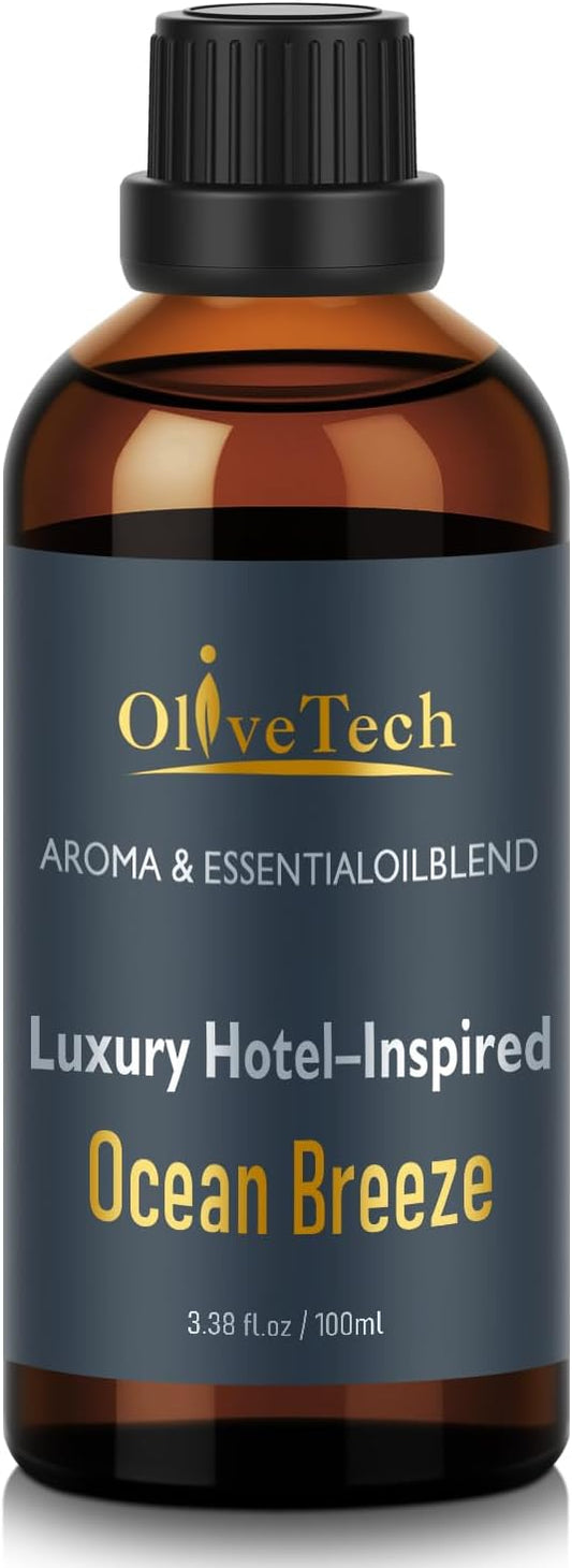 Hotel Diffuser Oil Inspired by Iconic Luxury Hotel Ocean Breeze Edition Scent, OliveTech Aromatherapy Fragrance Oil for Cold Air & Ultrasonic Diffusers, 100ml / 3.38 ft oz Glass Bottle