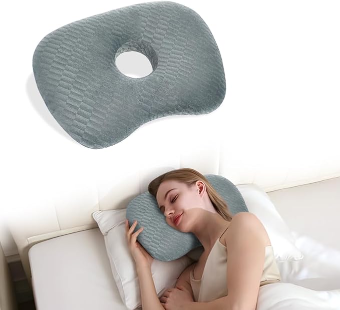 Ear Piercing Hole Pillows Side Sleeper Pillow with an Ear Hole for CNH Side Sleepers and Ear Inflammation Pressure Sores, Adjustable Cotton and Polyester Curved Side Pillow, Gray Skew Grid