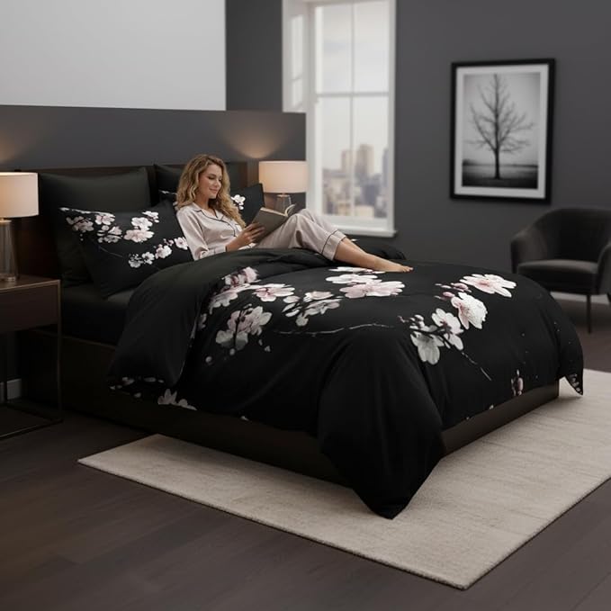 Japanese Comforter Set Queen Size,Cherry Blossom Bedding Set for Women Men,3 Pcs Warm Microfiber Quilt Set with 2 Pillowcases/90 * 90
