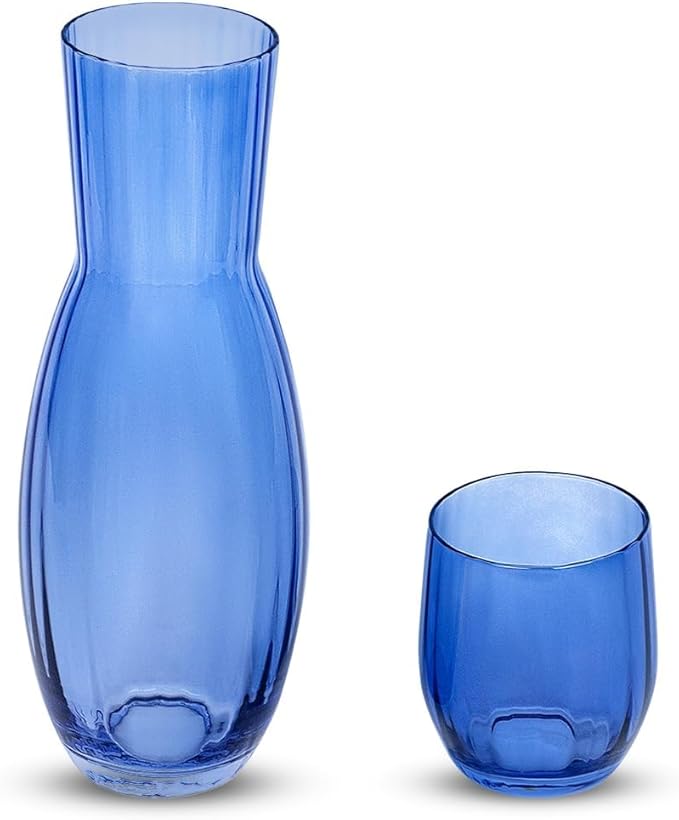 American Atelier 40 oz Bedside Water Carafe with Tumbler – 2-Piece Ribbed Glass Night Pitcher with Cup Lid for Nightstand, Guest Room & Office, Stylish & Durable Drinkware (Cobalt Blue)