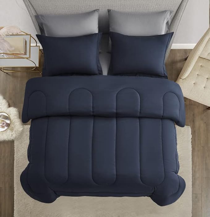 Maple&Stone Queen Size Comforter Set 7 Pieces Bed in a Bag - Down Alternative Bed Set with Sheets, Pillowcases & Shams, Soft Reversible Duvet Insert for Queen Bed, Navy & Dark Grey